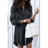 Chambray Stone Frayed Shirt Denim Shift Dress With Tassel #Long Sleeve #Turn-Down Neck